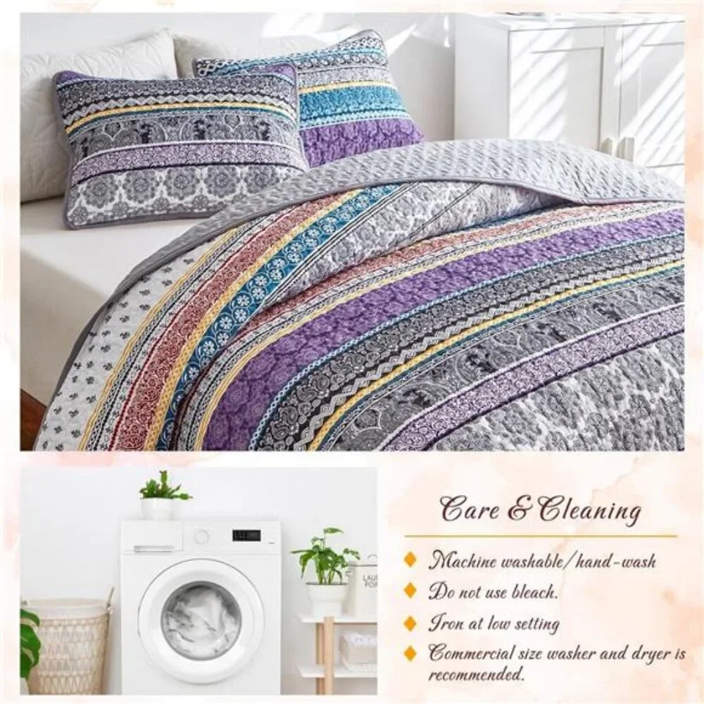 3 Pieces Colorful Bohemian Quilt Set Full Queen Size, Purple n Grey Boho